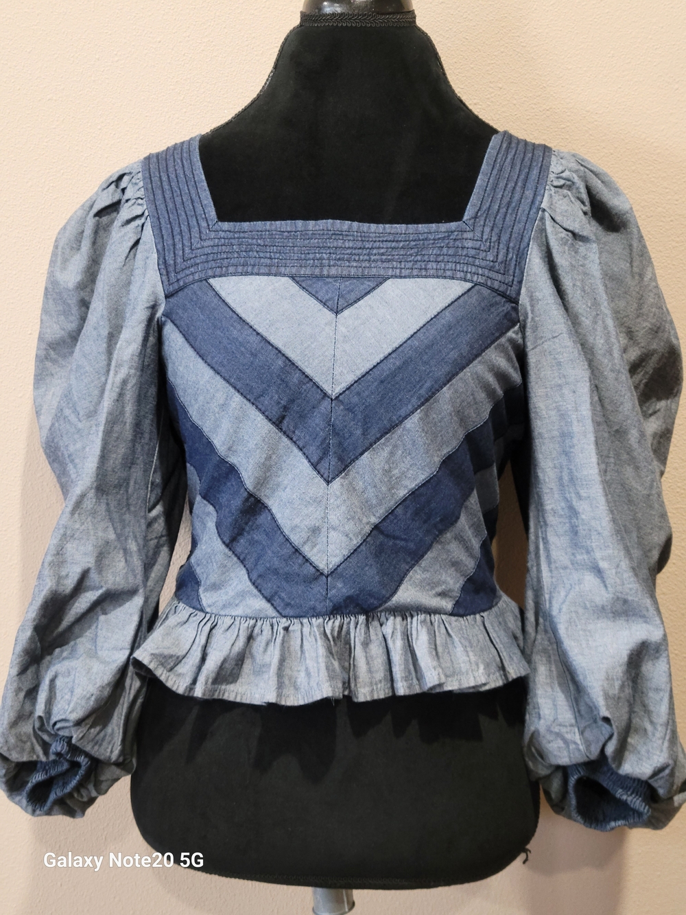 Love the Label Denim Patchwork Peplum Top Size M V-Neck Long Sleeve